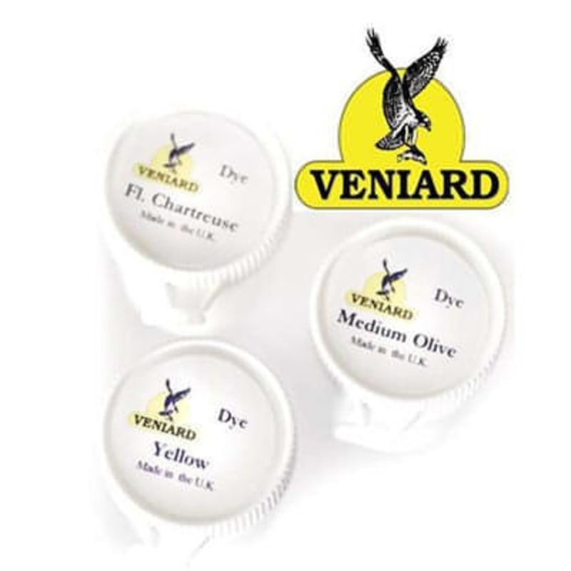 Veniard Dyes|Black|Dark Claret|Dark Brown|Fiery Brown|Fluorescent Chartreuse|Green Highlighter|Hot Orange|Kingfisher Blue|Medium Olive|Purple|Scarlet|Yellow