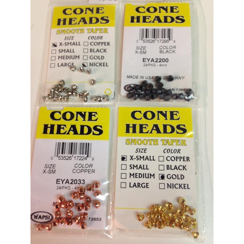 Cone Heads|5/32″ X- Small|5/32″ X-Small|7/32″ Medium|1/4″ Large|3/16″ Small|Copper|Gold|Black Nickel|Black|Nickel|24