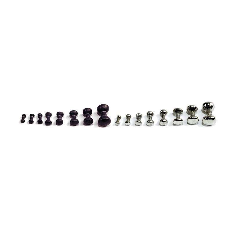 Dumbbell Eyes – Plain|Midget 1/200 Oz.|Micro 1/120 Oz.|Mini 1/80 Oz.|X-Small 1/60 Oz.|Small 1/40 Oz.|Medium 1/30 Oz.|Large 1/20 Oz.|X-Large 1/10 Oz.|10