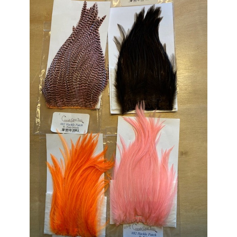 Hackle Patches, Cascade Crest|Green|Black|Fluorescent Orange|Fluorescent Yellow|Fluorescent Chartreuse|Fluorescent Pink|Olive|Yellow|Grizzly Fluorescent Yellow|Grizzly Fluorescent Pink|Grizzly Fluorescent Orange