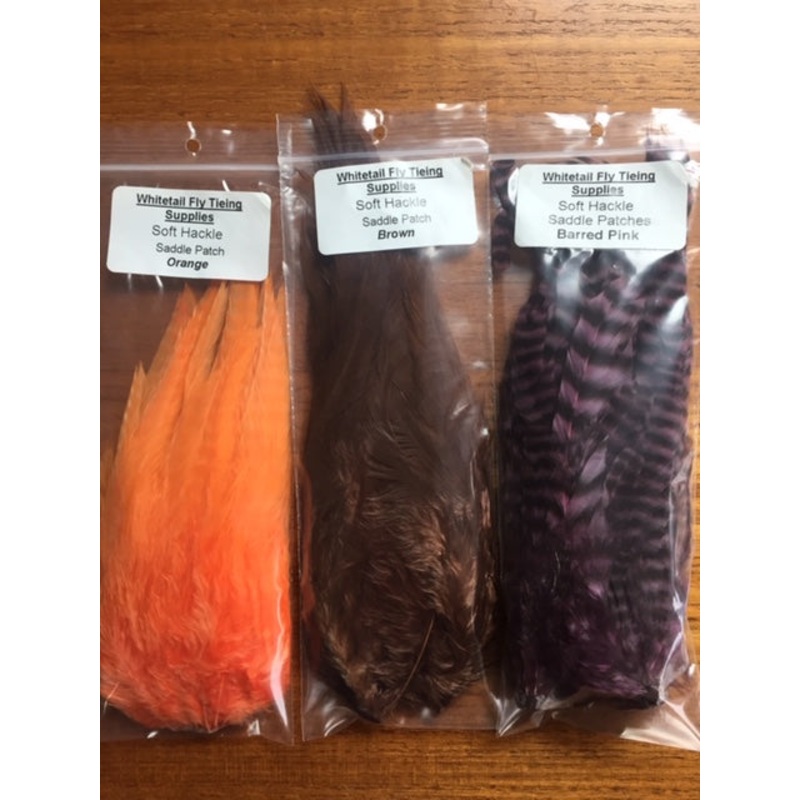 Soft Hackle Saddle Patches|Barred Light Tan|Barred Natural|Barred Pink|Barred Brown|Barred Purple|Iron Blue|Brown|Olive|Light Brown|Dark Tan|Hot Pink|Orange