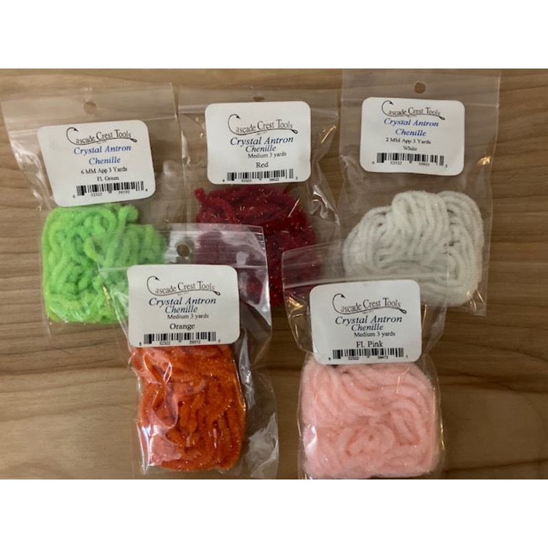 Crystal Antron Chenille|2mm Small|6mm Medium|Black|White|Dark Olive|Light Olive|Yellow|Red|Chartreuse|Medium Brown|Purple|Fluorescent Insect Green|Fluorescent Fire Orange|Chocolate Brown|Insect Green|Dun|Fluorescent Green|Fluorescent Chartreuse|Tan|Orange