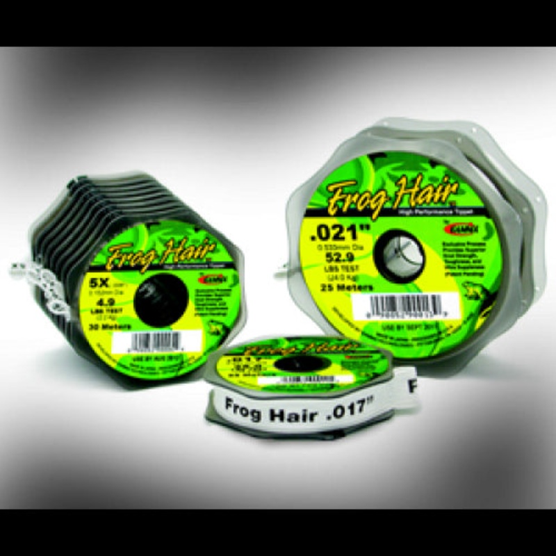 Frog Hair Tippet|8X .003″ 1.8 lbs|7X .004″ 2.8lbs|6X .005″ 3.7lbs|5X .006″ 4.9lbs|4X .007″ 6.2lbs|3X .008″ 6.6 lbs 32.|2X .009″ 11.1 lb 32.8 yds|1X .010″ 13.1 lb 32.8 yds|0X .011″ 15.0 lb 32.8 yds