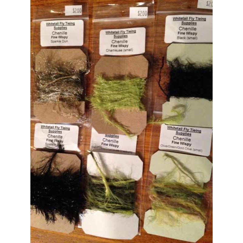 Wispy Chenille|Fine|Medium|Sparkle Black|Sparkle Dun|Olive/Green/Olive combo|Black/Olive/Chartreuse combo|Chartreuse|Black (extra fine)|Tan|Black/White|Rust|Black (med./fine)|Brown