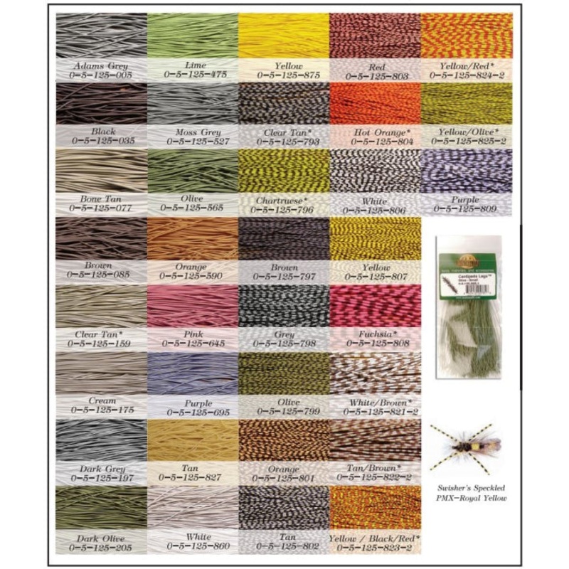 Centipede Legs Speckled|Medium|Small|Mini|Brown|Chartreuse|Gray|Olive|Orange|Yellow|Yellow/Chartreuse|Red/Yellow|Tan|Purple|White|Olive/Yellow|Fuchsia|Pink|Red