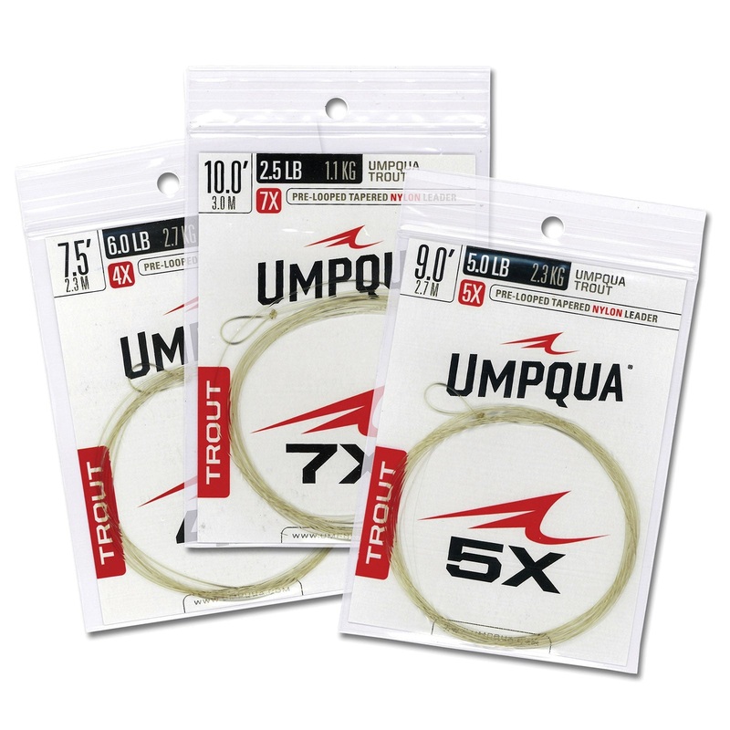 Umpqua Nylon Trout Leaders|7.5′ – 6X 3.5 lb|7.5′ – 5X 5.0 lb|7.5′ – 4X 6.0 lb|7.5′ – 3X 8.5 lb|7.5′ – 2X 10.7 lb|7.5′ – 1X 13.2 lb|7.5′ – 0X  15 lb|9′ – 7X  2.5 lb|9′ – 6X 3.5 lb|9′ – 5X  5 lb|9′ – 4X 6.0 lb|9′ – 3X 8.5 lb|9′ – 2X 10.7 lb|9′ – 4X 6 lb|10′