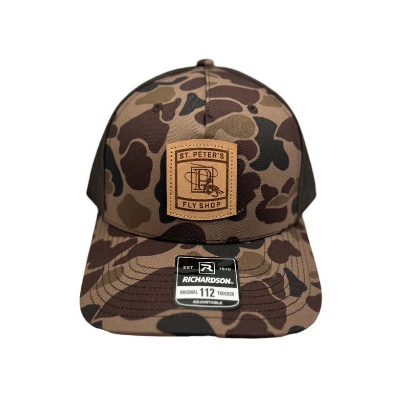 Richardson Sports St. Peter’s Classic Logo Leather Patch Trucker Hat Bark Duck Camo / Brown One Size