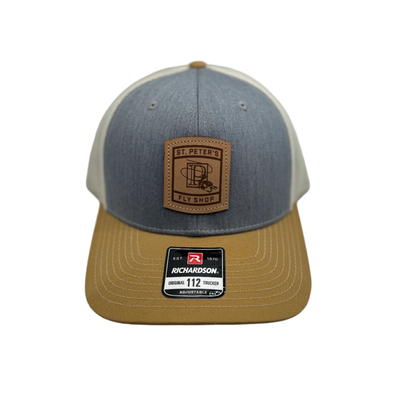 Richardson Sports St. Peter’s Classic Logo Leather Patch Trucker Hat Grey / Birch / Amber Gold One Size