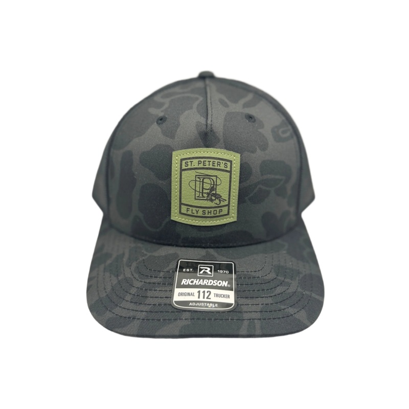 Richardson Sports St. Peter’s Classic Logo Leather Patch Trucker Hat Sable Duck Camo / Black One Size