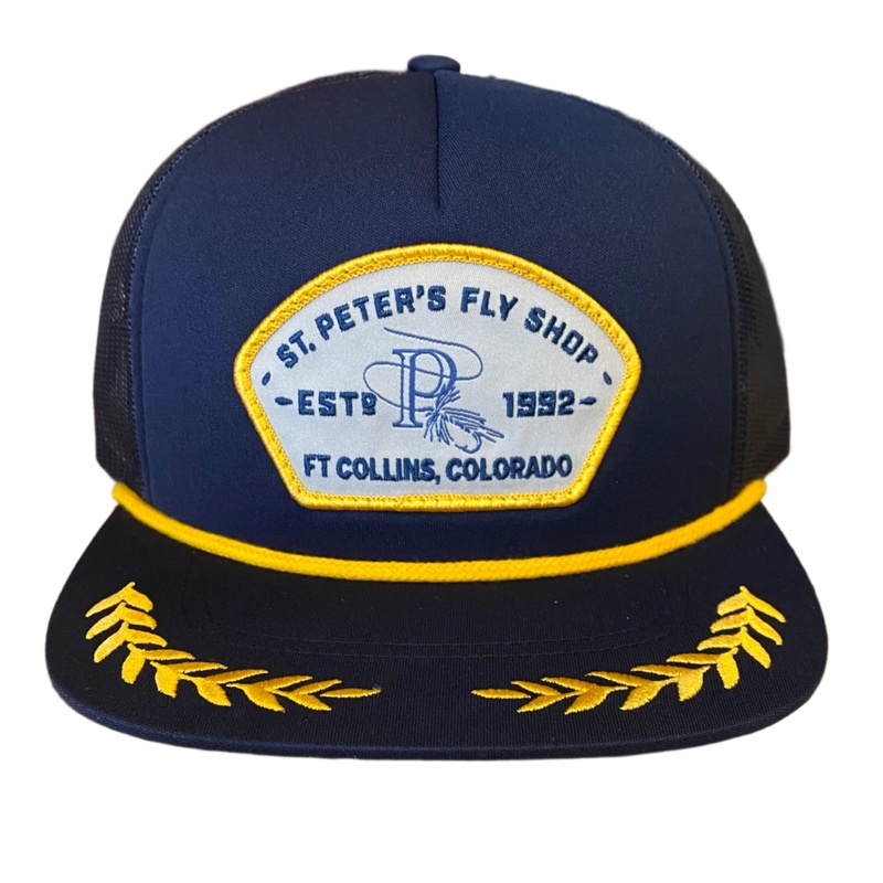Captuer Headwear St. Peter’s Fly Shop Embroidered Patch Captain’s Hat Navy/Gold Rope