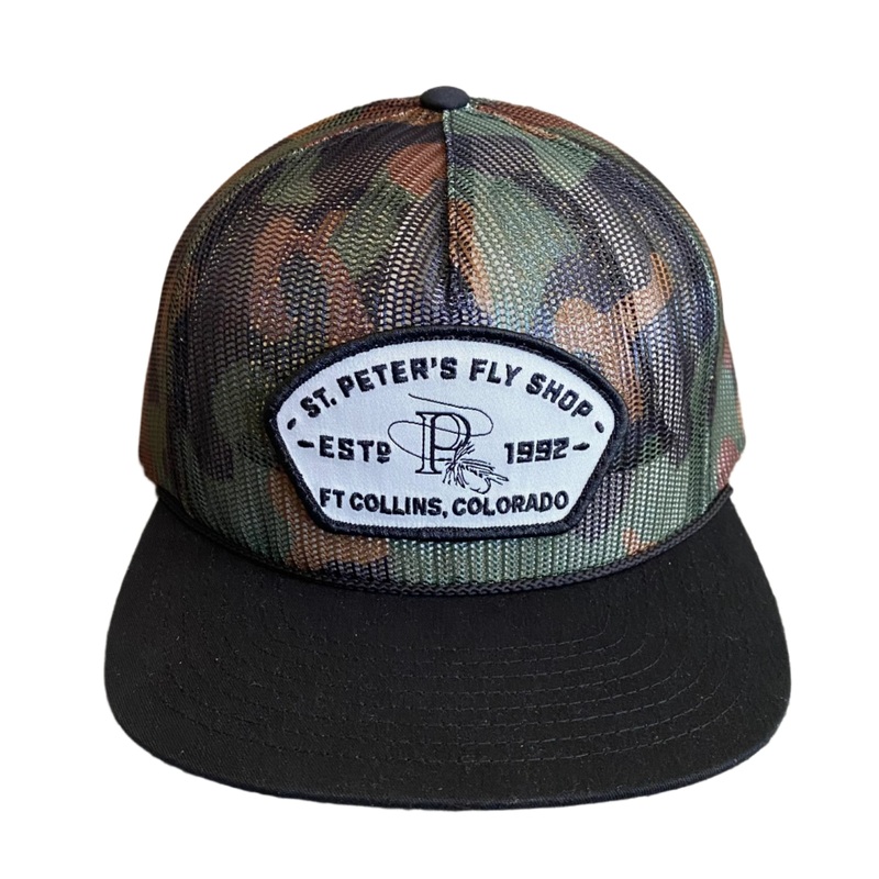 Captuer Headwear St. Peter’s Fly Shop Embroidered Patch Trucker Hat Camo Mesh/Black Brim