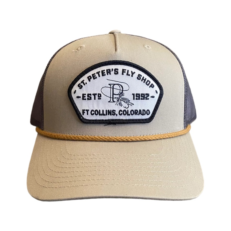 Captuer Headwear St. Peter’s Fly Shop Embroidered Patch Trucker Hat Khaki/Charcoal/Brown Rope