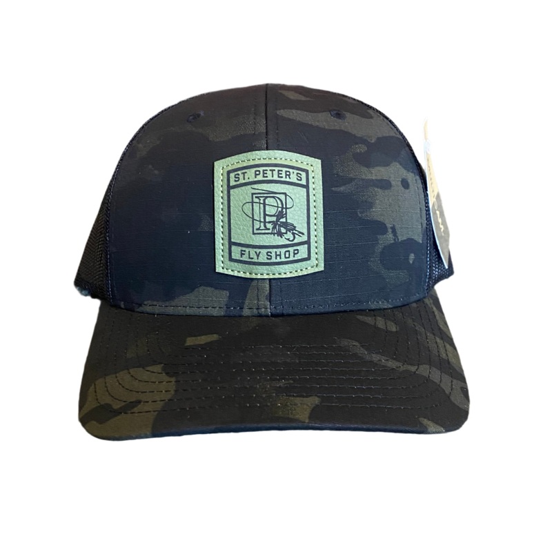 Richardson Sports St. Peter’s Classic Logo Leather Patch Trucker Hat Black Camo