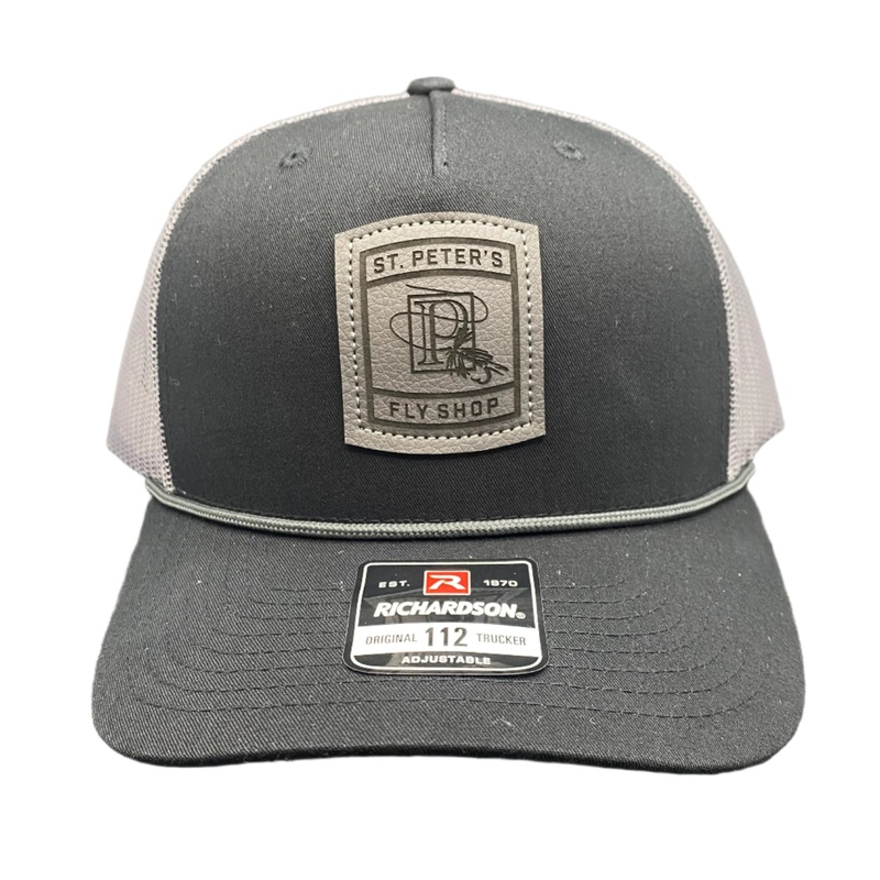 Richardson Sports St. Peter’s Classic Logo Leather Patch Trucker Hat Black/Charcoal Mesh/ Charcoal Rope