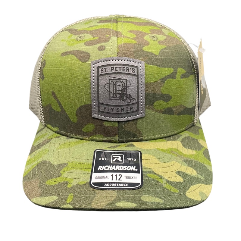 Richardson Sports St. Peter’s Classic Logo Leather Patch Trucker Hat Camo/Loden