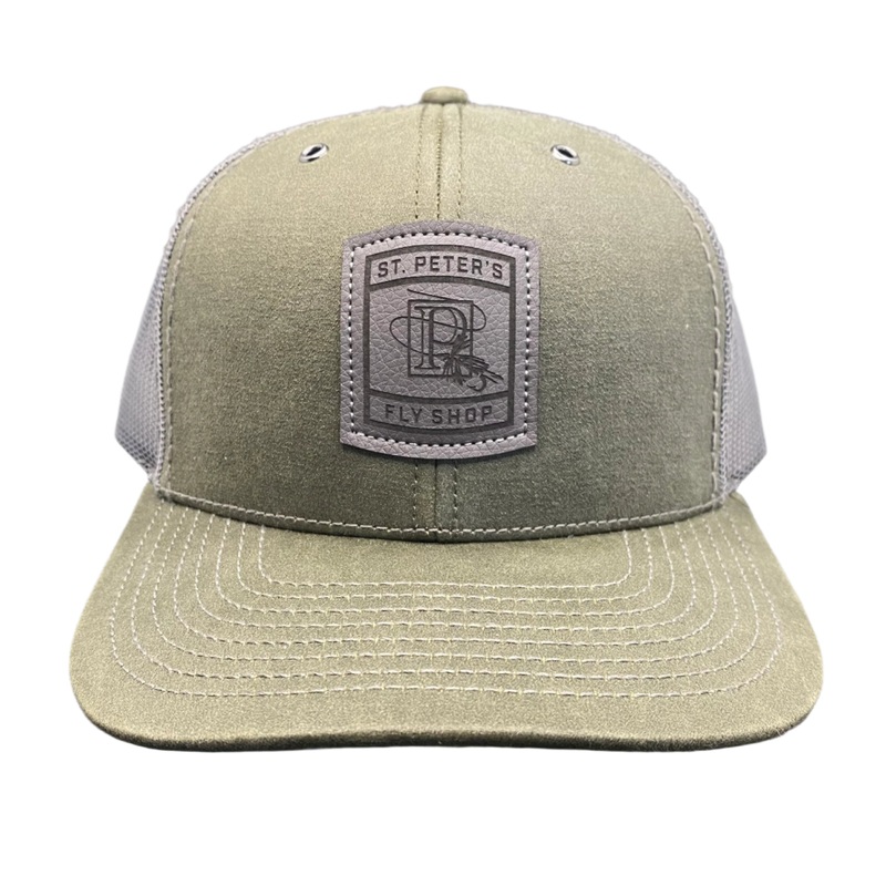 Richardson Sports St. Peter’s Classic Logo Leather Patch Trucker Hat Olive/Charcoal