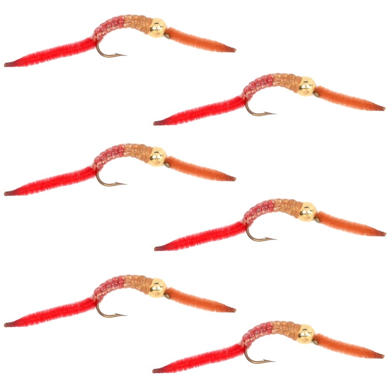 San Juan Worm Gold Bead Power Worm  Half and Half – Set of 6 Nymph Flies Hook Size 12