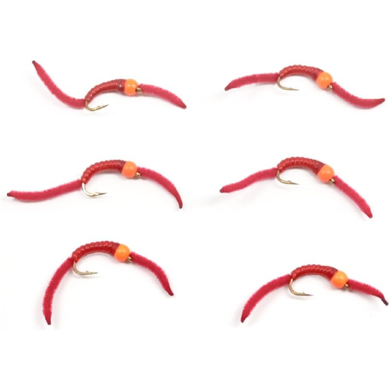 San Juan Worm Hot Orange Bead Power Worm  Red V-Rib – Set of 6 Nymph Flies Hook Size 14