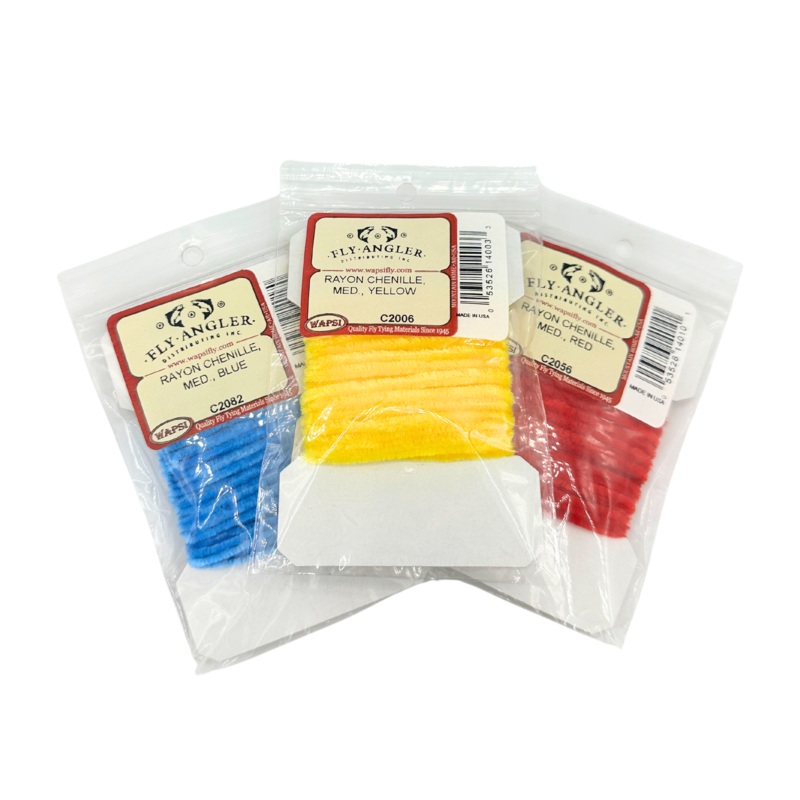 Wapsi – Rayon Chenille|Yellow|Orange|Brown|Light Orange|White|Light Yellow|Purple|Pink|Red|Dark Olive|Black|Light Olive|Worm Green|Tan|Blue|Dark Brown|Wine|Insect Green|Fine|Medium|Large