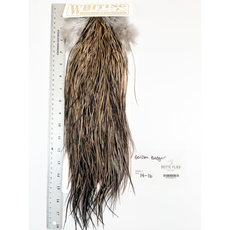 Golden Badger – Whiting Heritage Hackle Rooster Saddle – Grade 3