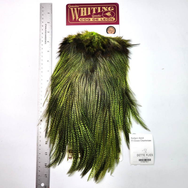 Badger dyed Fl Green Chartreuse – Whiting Coq de Leon Rooster Saddle | Bronze Grade (#1)