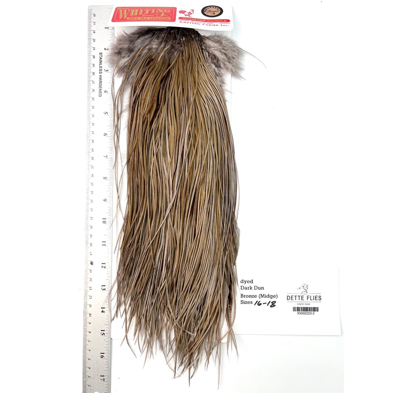 dyed Dark Dun – Whiting Midge Line Rooster Saddle – Bronze Grade