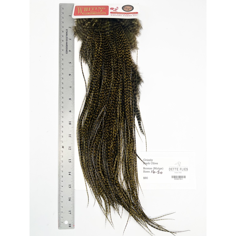 Grizzly dyed Dark Olive – Whiting Line Rooster Saddle – Bronze Grade
