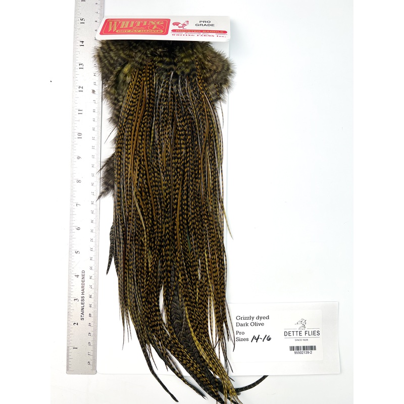 Grizzly dyed Dark Olive – Whiting Line Rooster Saddle – Pro Grade
