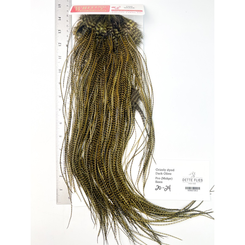 Grizzly dyed Dark Olive – Whiting Midge Rooster Saddle – Pro Grade