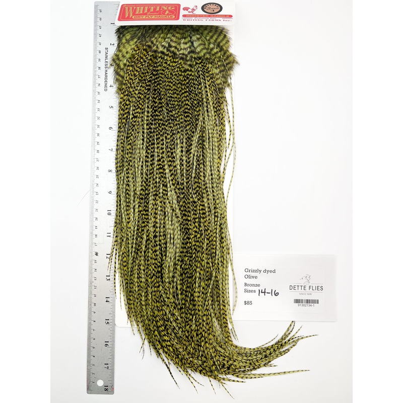 Grizzly dyed Olive – Whiting Line Rooster Saddle – Bronze Grade