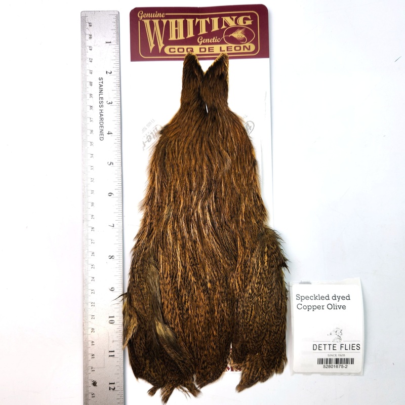 Speckled dyed Copper Olive – Whiting Coq de Leon Hen Cape (#2)