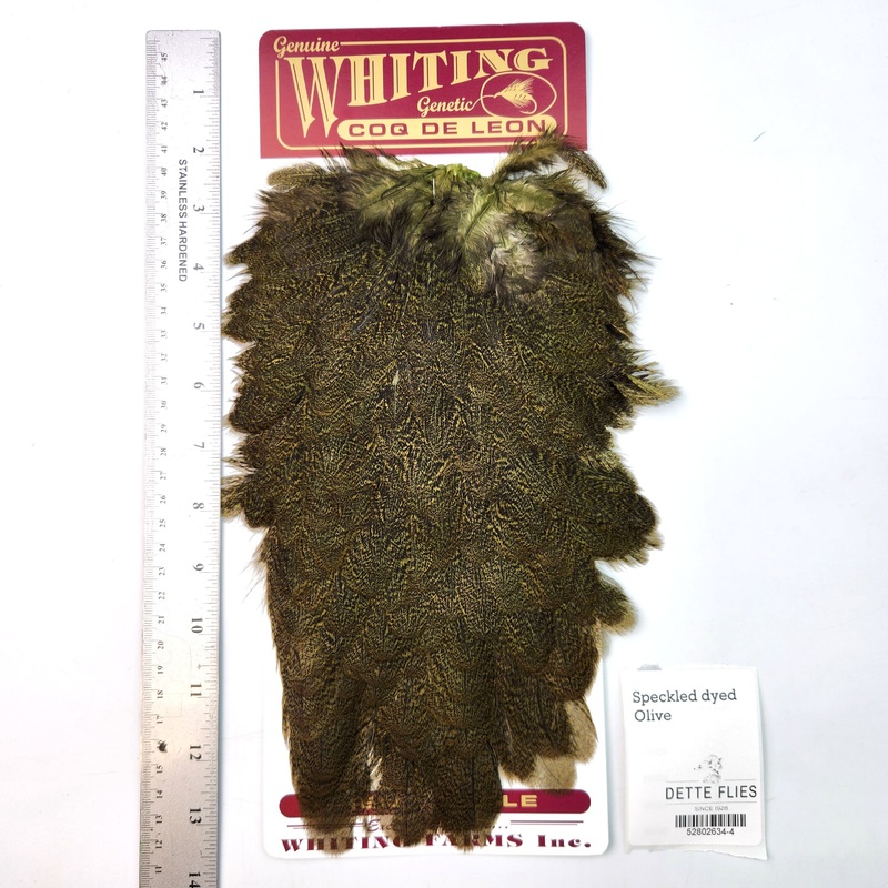 Speckled dyed Olive – Whiting Coq de Leon Hen Saddle (#4)