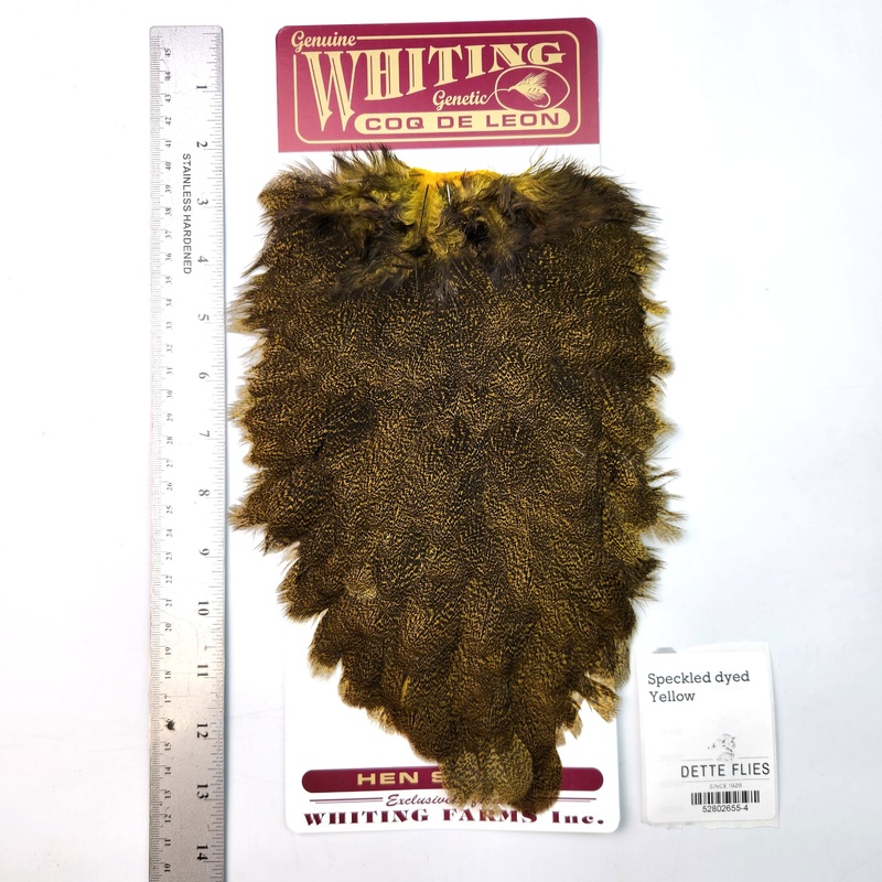 Speckled dyed Yellow – Whiting Coq de Leon Hen Saddle (#4)