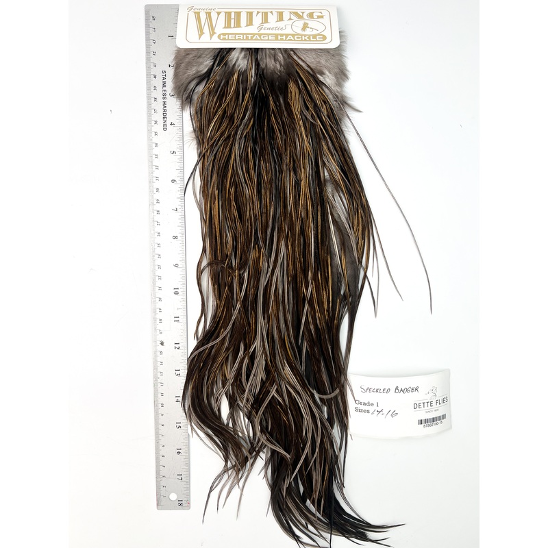 Speckled Badger – Whiting Heritage Hackle Rooster Saddle – Grade 1 (#15)