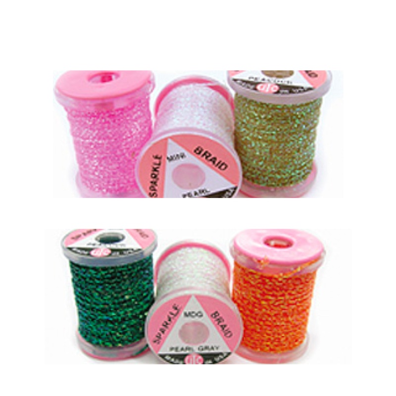 Midge Sparkle Braid|Black (SAM100)|Dark Olive (SAM901)|Fl. Charteuse (SAM509)|Fl. Fire Orange (SAM505)|Fl. Pink (SAM510)|Fl. Yellow (SAM502)|Light Pink (SAM104)|Olive (SAM089)|Peacock (SAM194)|Pearl (SAM253)|Purple (SAM092)|Red (SAM056)|Root Beer (SAM045)