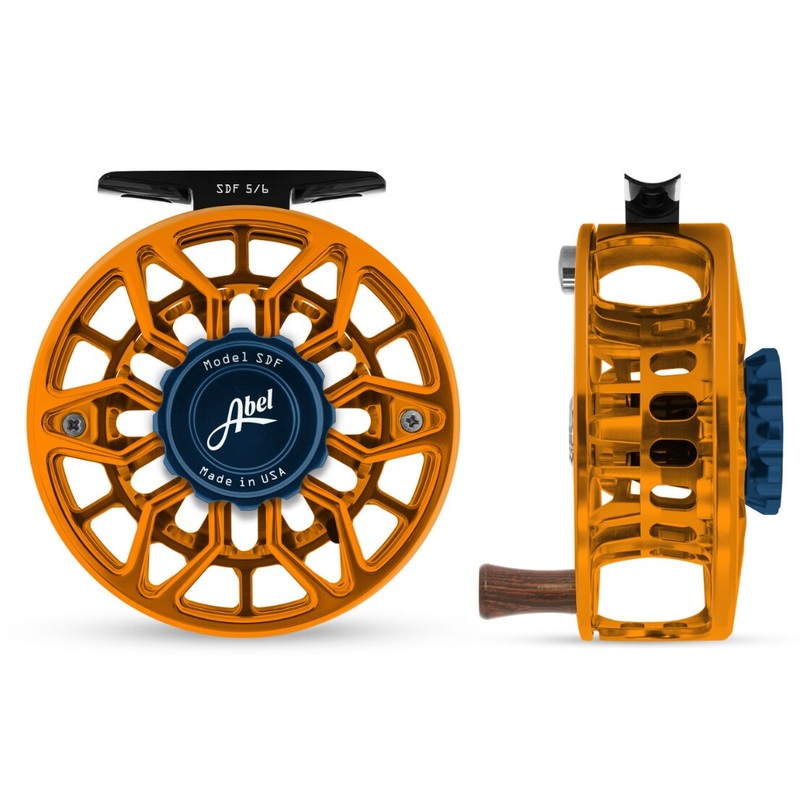 Abel SDF 5/6 Fly Reel – Ported Orange Finish / Deep Blue Drag Knob & Rose Wood Handle