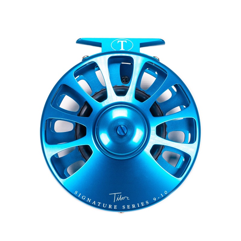 Tibor Signature Series 9-10 Fly Reel – Aqua / Sunset Orange Hub & Reel Stand + Name Plate