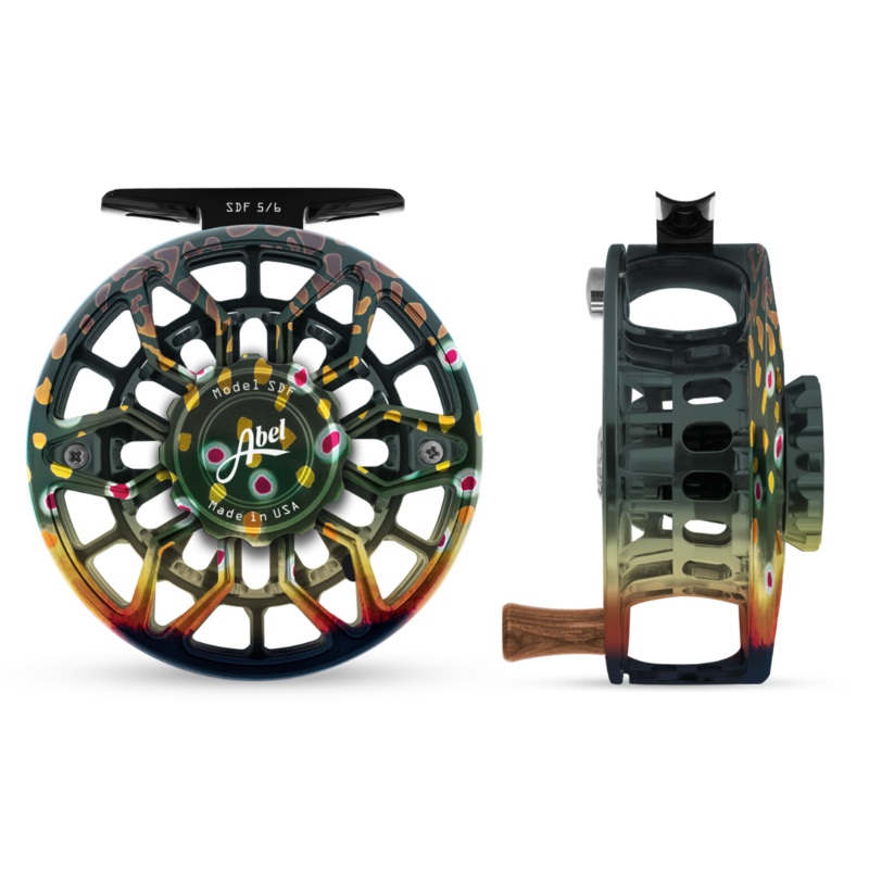 Abel SDF 5/6 Fly Reel – Ported Native Brook Trout / Native Brook Trout Drag Knob & Walnut Handle