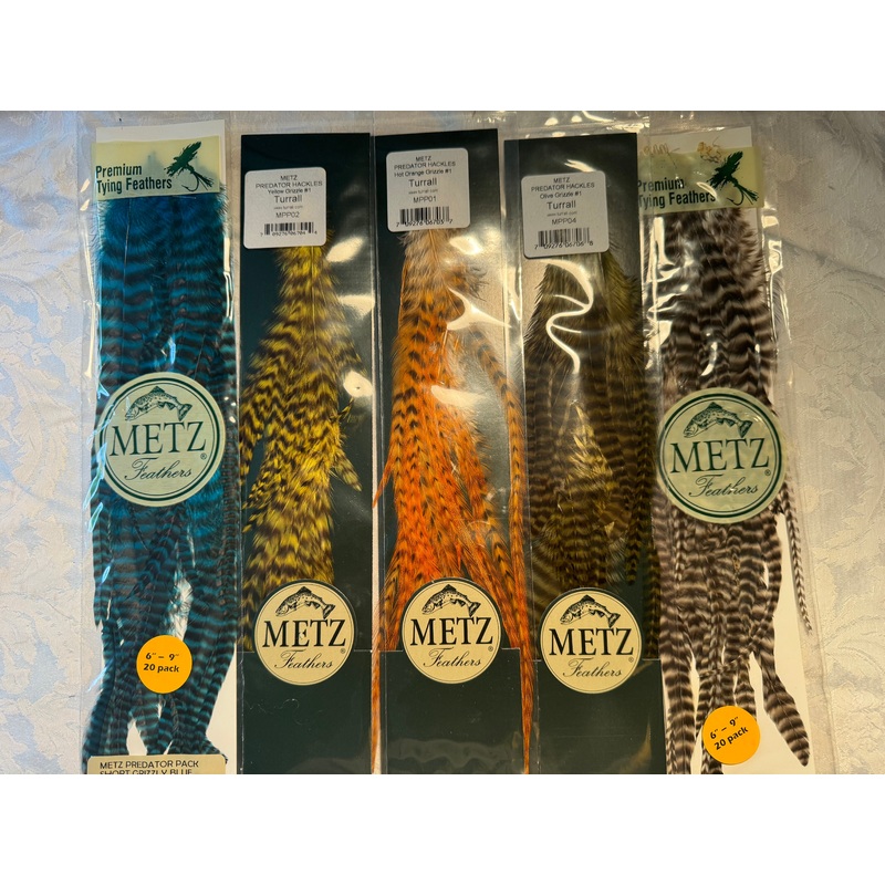 Metz Predator Hackle Packs|Olive Grizzle|Yellow Grizzle|Grizzly|Blue Grizzly|Hot Orange Grizzle