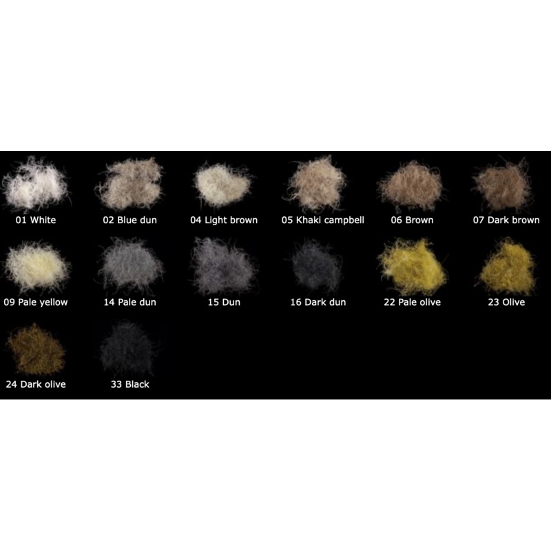 Swiss CDC Dubbing|1. White|2. Blue Dun|4. Light Brown|5. Khaki Campbell|6. Brown|7. Dark Brown|9. Pale Yellow|14. Pale dun|15. Dun|16. Dark dun|22. Pale Olive|23. Olive|24. Dark Olive|33. Black