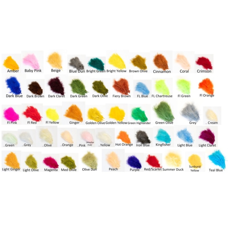 Turkey Marabou|Amber|Baby Pink|Beige|Black|Bleached White|Blue Dun|Bright Green|Bright Yellow|Brown Olive|Cinnamon|Coral|Crimson|Dark Blue|Dark Brown|Dark Claret|Dark Green|Dark Olive|Fiery Brown|Fl. Blue|Fl. Chartreuse|Fl. Green|Fl. Orange|Fl. Pink|Fl. R