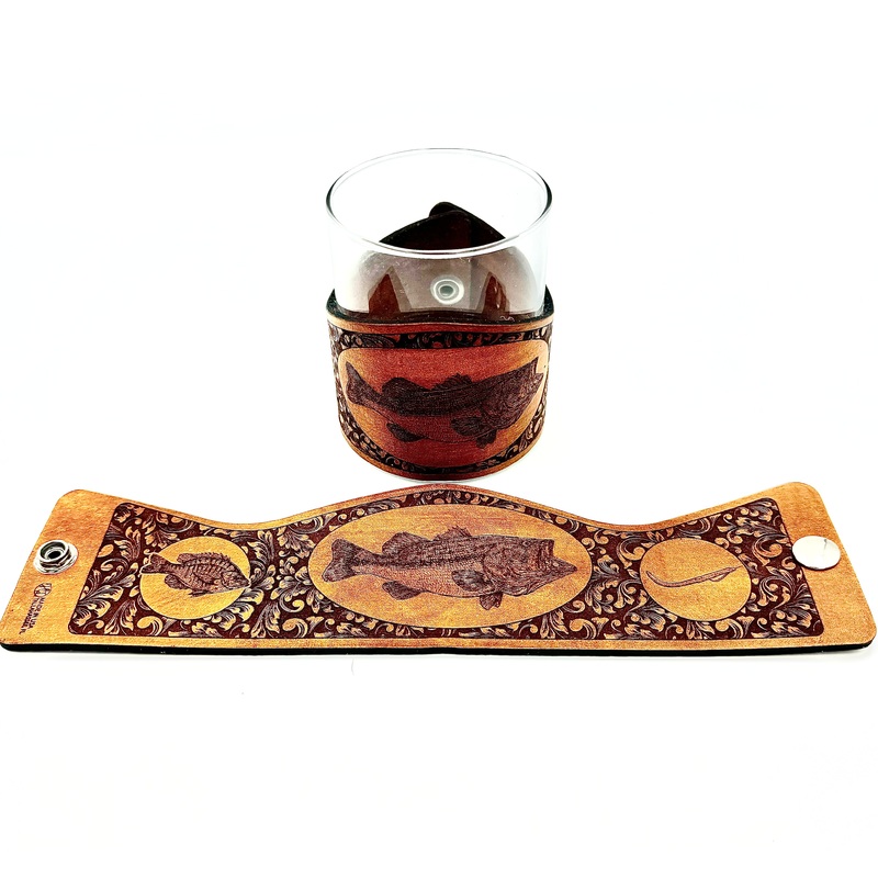 Leather-Wrapped Whiskey Glasses – Large Mouth Bass Engraver Glass