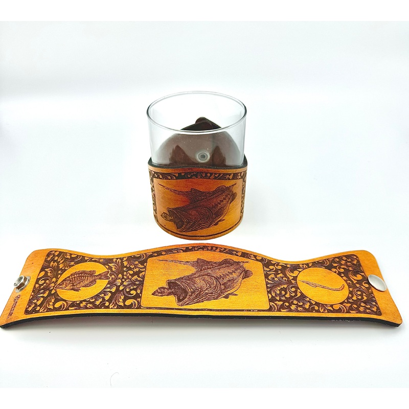Whiskey Glass Leather Wrap – Large Mouth Bass Gulp Engraver glass