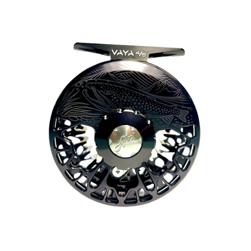 Abel Vaya Reel, Basic Black with Underwood On the Hunt Engraving and Ebony Wood Handle