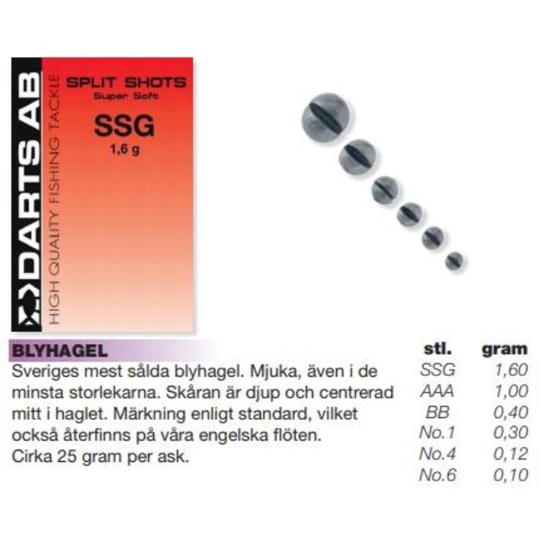 Blyhagel Splitshots|No.4 = 0.2g|No.1 = 0.3g|BB = 0.4g|AAA = 0.8g|SSG = 1.6g