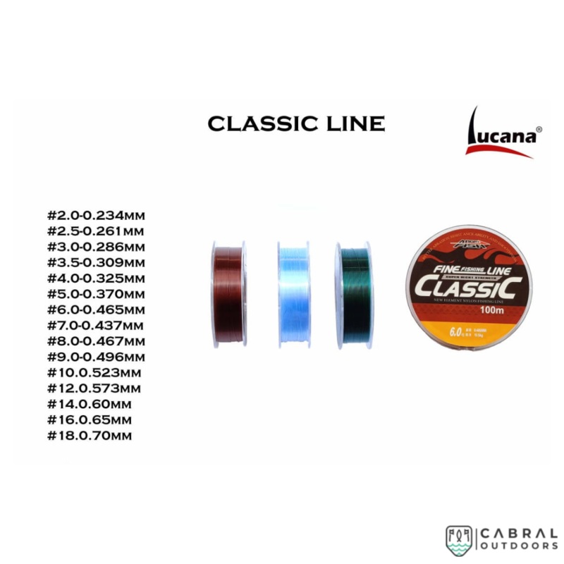 Lucana Classic Monoline 100M|0.23mm/3.62kg|0.26mm/4.44kg|0.28mm/5.27kg|0.30mm/6.08kg|0.32mm/6.1kg|0.37mm/7.0kg|0.40mm/7.5kg|0.43mm/8.9kg|0.46mm/10.2kg|0.49mm/11.4kg|0.52mm/12.7kg|0.57mm/13.3kg|0.60mm/15.2kg|0.65mm/17.1kg|0.70mm/19.5kg